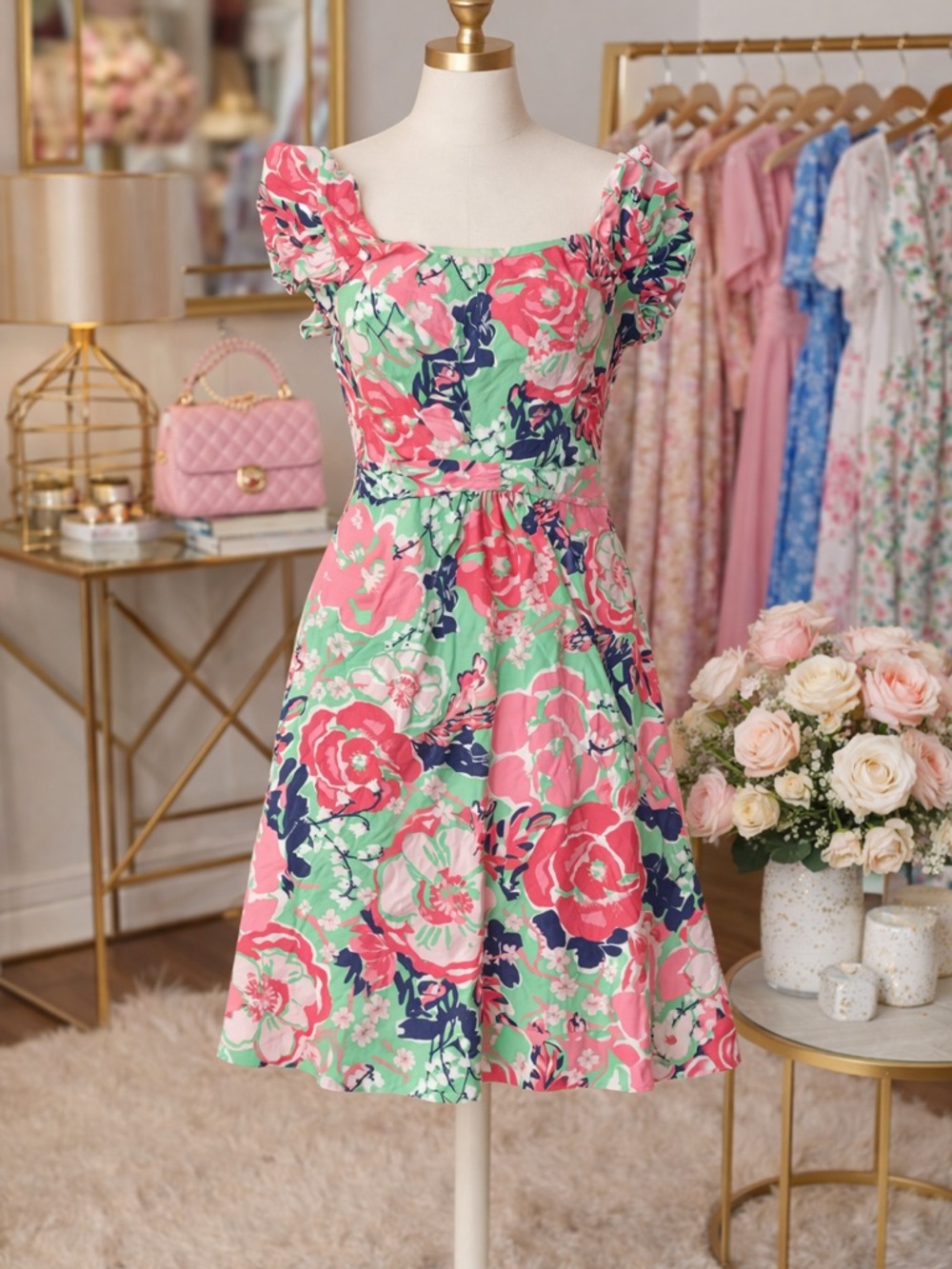 Lily, Pulitzer floral  dress size a large green pink